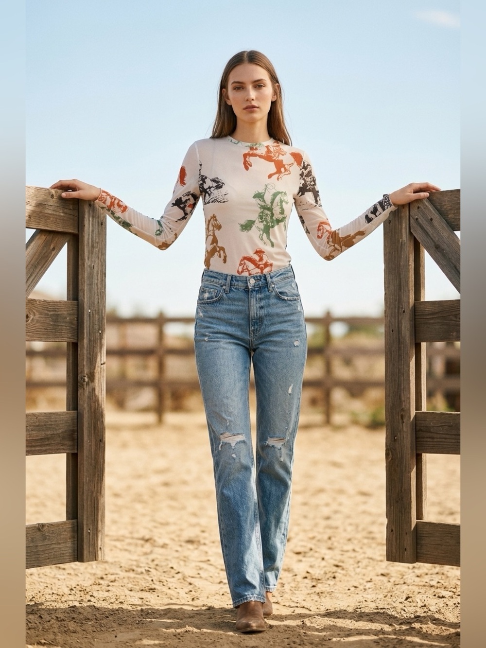 BNWT DAVI & DANI Western Horse Print Mesh Long Sleeve Top